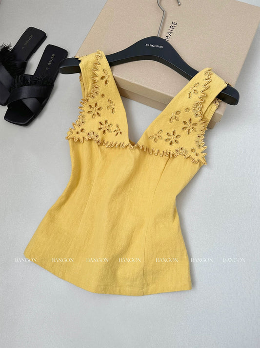BANGON INS Yellow V-neck hollow camisole French retro waist slim design niche top