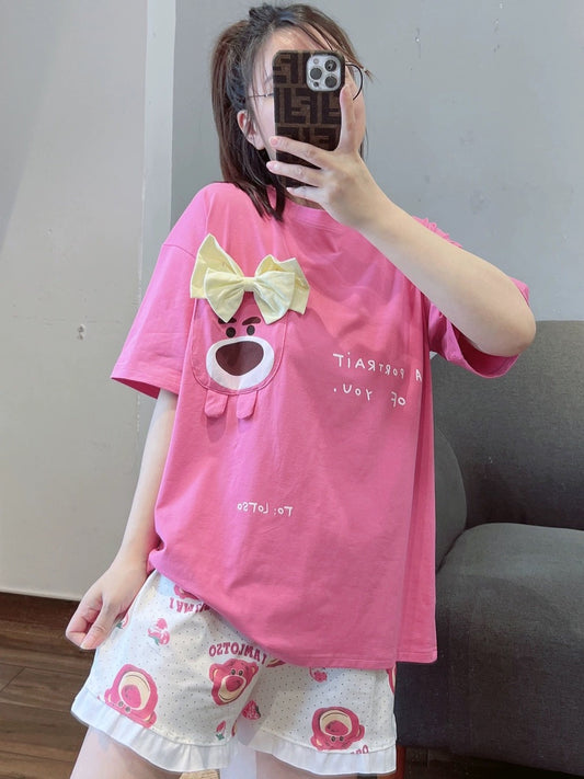 Sweet bow bear pajamas for women, summer short-sleeved shorts, casual cotton home clothes set, can be worn outside