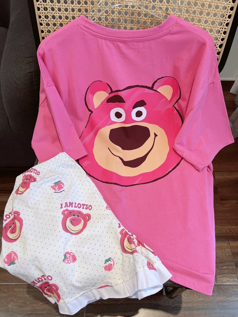 Sweet bow bear pajamas for women, summer short-sleeved shorts, casual cotton home clothes set, can be worn outside