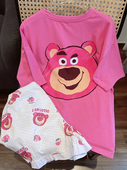 Sweet bow bear pajamas for women, summer short-sleeved shorts, casual cotton home clothes set, can be worn outside