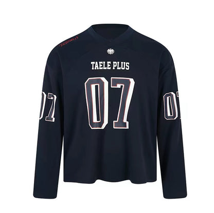 Baobaotang" American retro-style, relaxed-fit V-neck jersey featuring a laid-back athletic vibe and number print—a versatile, loose-fitting unisex T-shirt perfect for autumn.