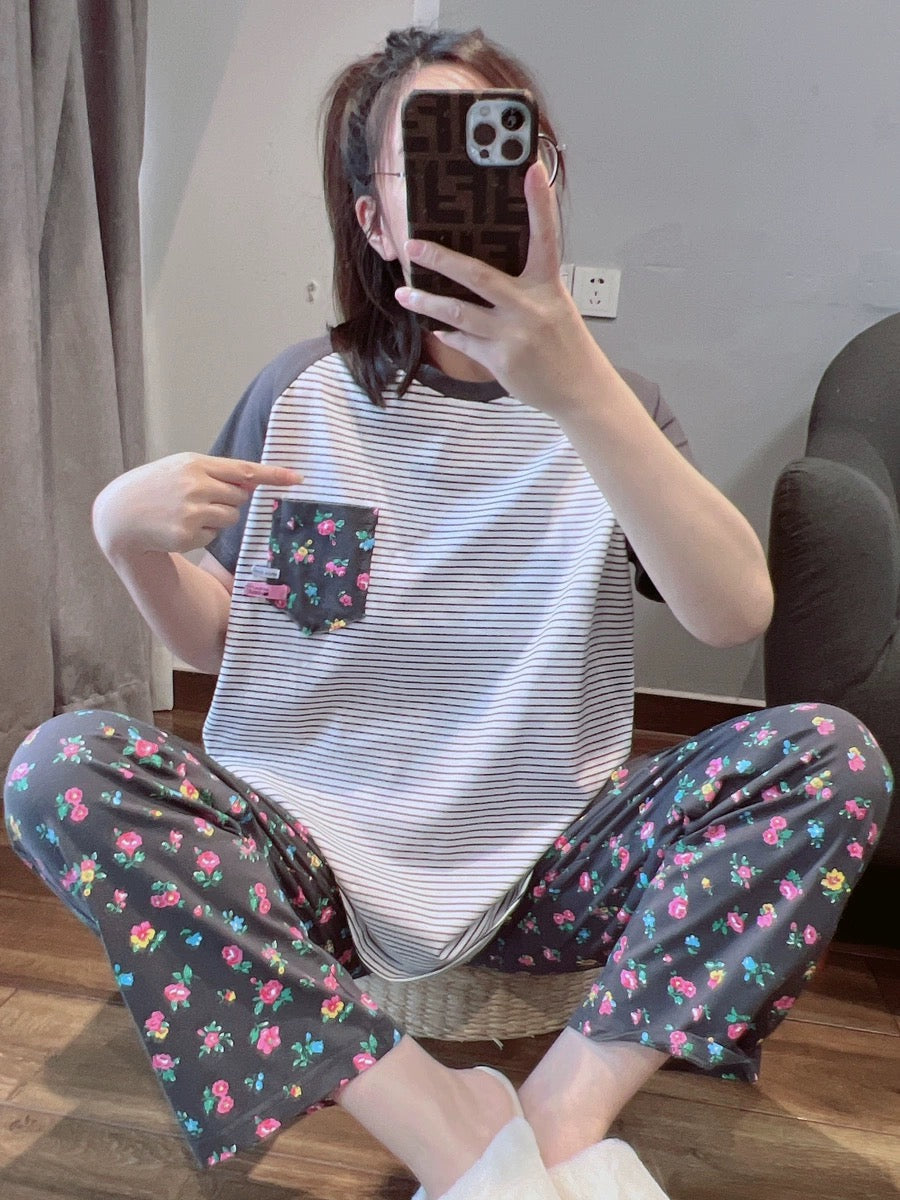Japanese fresh floral pajamas for women spring and summer pure cotton short-sleeved trousers casual home wear suit that can be worn outside