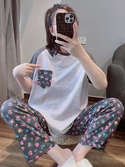 Japanese fresh floral pajamas for women spring and summer pure cotton short-sleeved trousers casual home wear suit that can be worn outside
