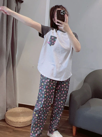 Japanese fresh floral pajamas for women spring and summer pure cotton short-sleeved trousers casual home wear suit that can be worn outside