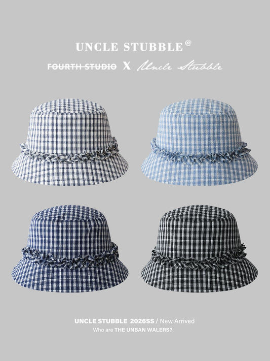 Sweet ruffled fisherman's hat, Korean style plaid bucket hat, wide brim, spring and summer sun protection hat, makes your face look smaller.