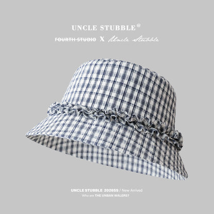 Sweet ruffled fisherman's hat, Korean style plaid bucket hat, wide brim, spring and summer sun protection hat, makes your face look smaller.