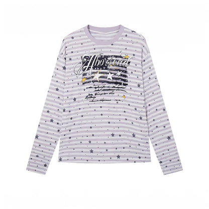 Baobaotang Women's American Retro Star-and-Stripe Print Long-Sleeve T-Shirt – Loose, Lightweight Summer Top
