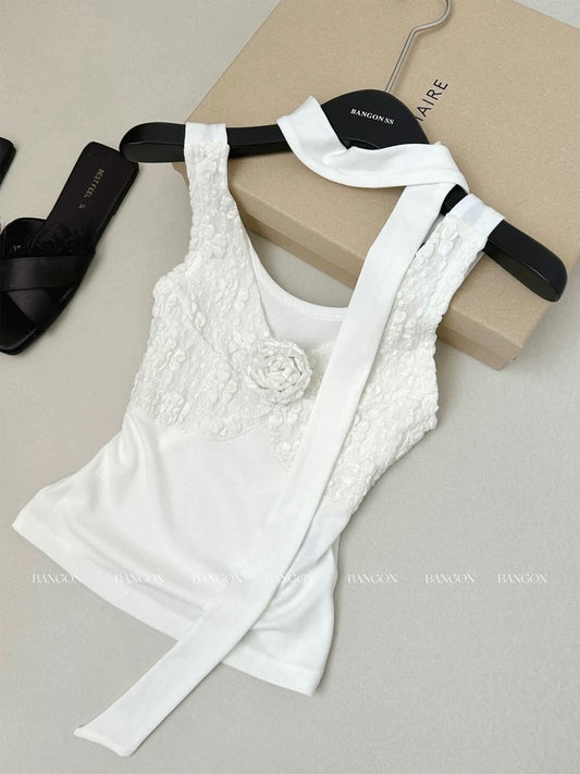 BANGON INS three-dimensional flower ribbon halter neck camisole 2025 summer new gentle pure desire top
