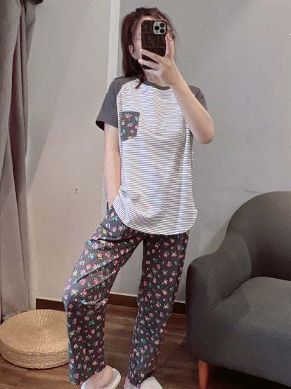 Japanese fresh floral pajamas for women spring and summer pure cotton short-sleeved trousers casual home wear suit that can be worn outside