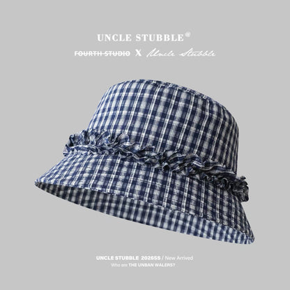 Sweet ruffled fisherman's hat, Korean style plaid bucket hat, wide brim, spring and summer sun protection hat, makes your face look smaller.