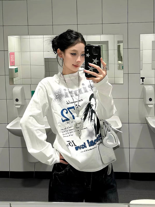 Pop-Pop Candy" American Retro Y2K-Style Graphic Long-Sleeve T-Shirt for Women – A Versatile, Casual Spring Base Layer with Subculture Vibes