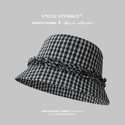 Sweet ruffled fisherman's hat, Korean style plaid bucket hat, wide brim, spring and summer sun protection hat, makes your face look smaller.