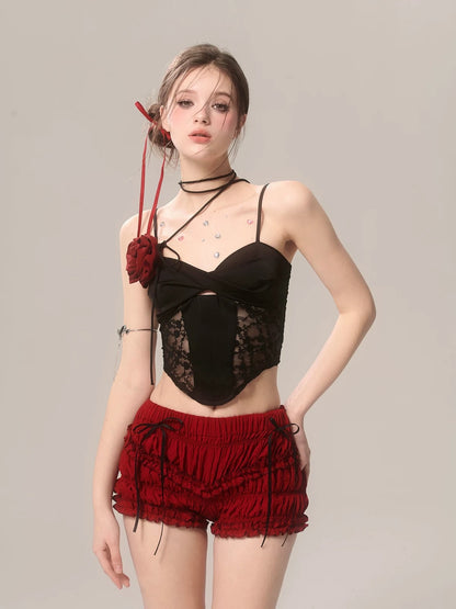 Red Cherry#Red white French versatile leg-lengthening niche original design hot shorts