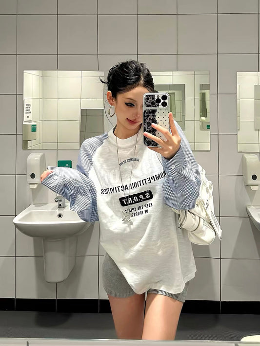 Baobaotang Unisex Summer Loose-Fit Casual Breathable Long-Sleeve T-Shirt – Color-Block Plaid Design with an American Style Aesthetic
