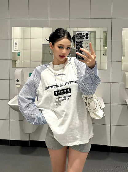 Baobaotang Unisex Summer Loose-Fit Casual Breathable Long-Sleeve T-Shirt – Color-Block Plaid Design with an American Style Aesthetic