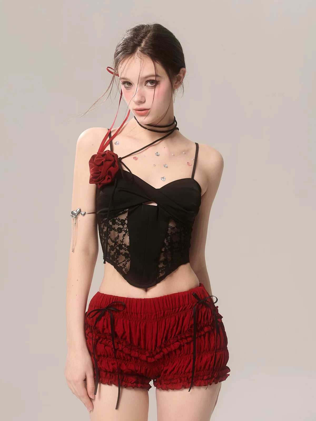 Red Cherry#Red white French versatile leg-lengthening niche original design hot shorts