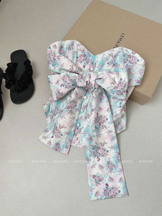 BANGON INS French chic floral tube top pure hot girl style sexy bow short top