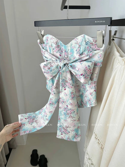 BANGON INS French chic floral tube top pure hot girl style sexy bow short top