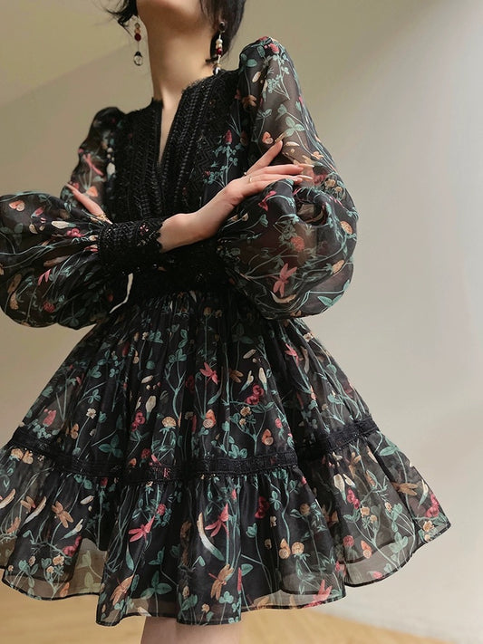 Aconiconi｜Night Rose French Retro Print Dress V-neck Lace Waist Slim Tea Break Dress