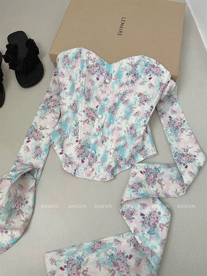 BANGON INS French chic floral tube top pure hot girl style sexy bow short top