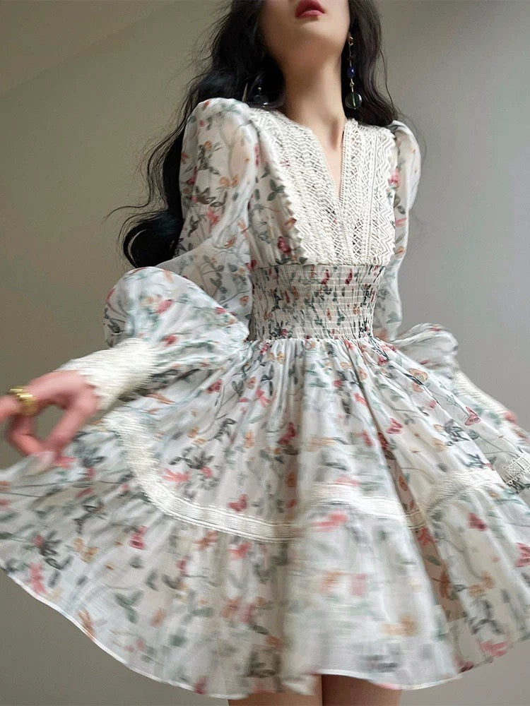 Aconiconi｜Night Rose French Retro Print Dress V-neck Lace Waist Slim Tea Break Dress