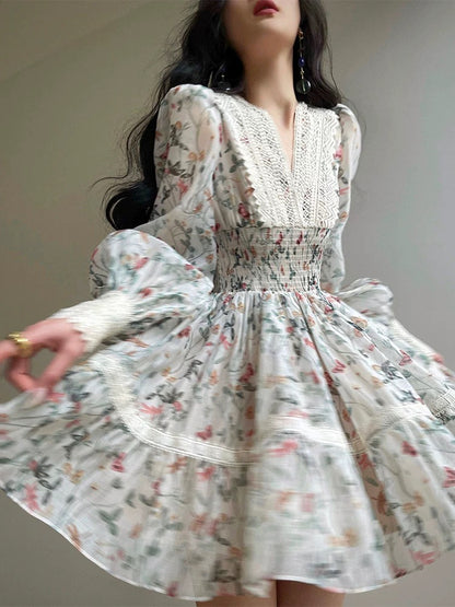 Aconiconi｜Night Rose French Retro Print Dress V-neck Lace Waist Slim Tea Break Dress