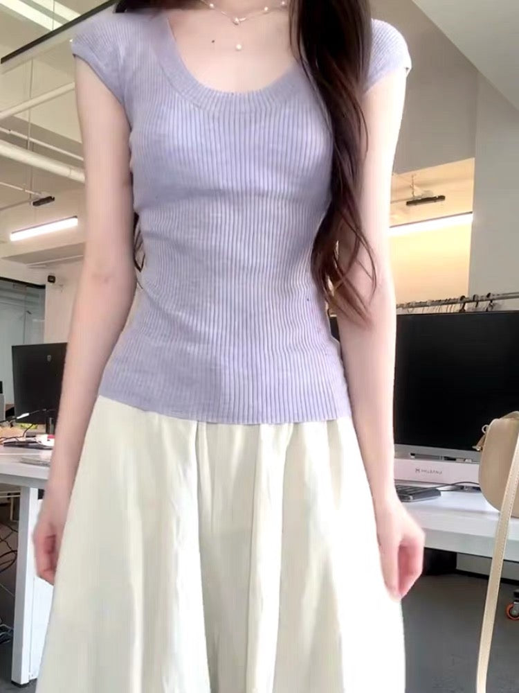 Korean version of pure color ice silk knitted U-neck short-sleeved T-shirt for women in summer thin style waist-pinching slimming simple and versatile temperament top