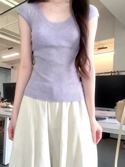 Korean version of pure color ice silk knitted U-neck short-sleeved T-shirt for women in summer thin style waist-pinching slimming simple and versatile temperament top