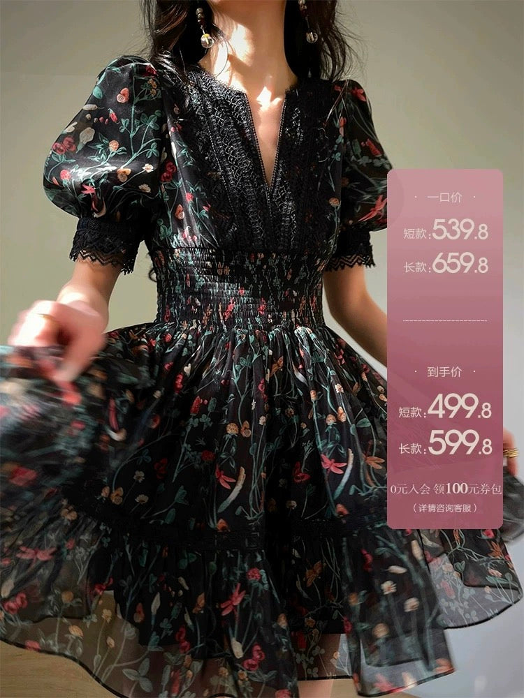 Aconiconi｜Night Rose French Retro Print Dress V-neck Lace Waist Slim Tea Break Dress