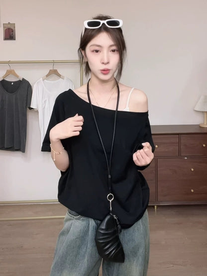 Zhang Jingyi's same black one-shoulder short-sleeved T-shirt for women, Xia Chunyu's oblique collar and off-shoulder loose and slim-fitting top