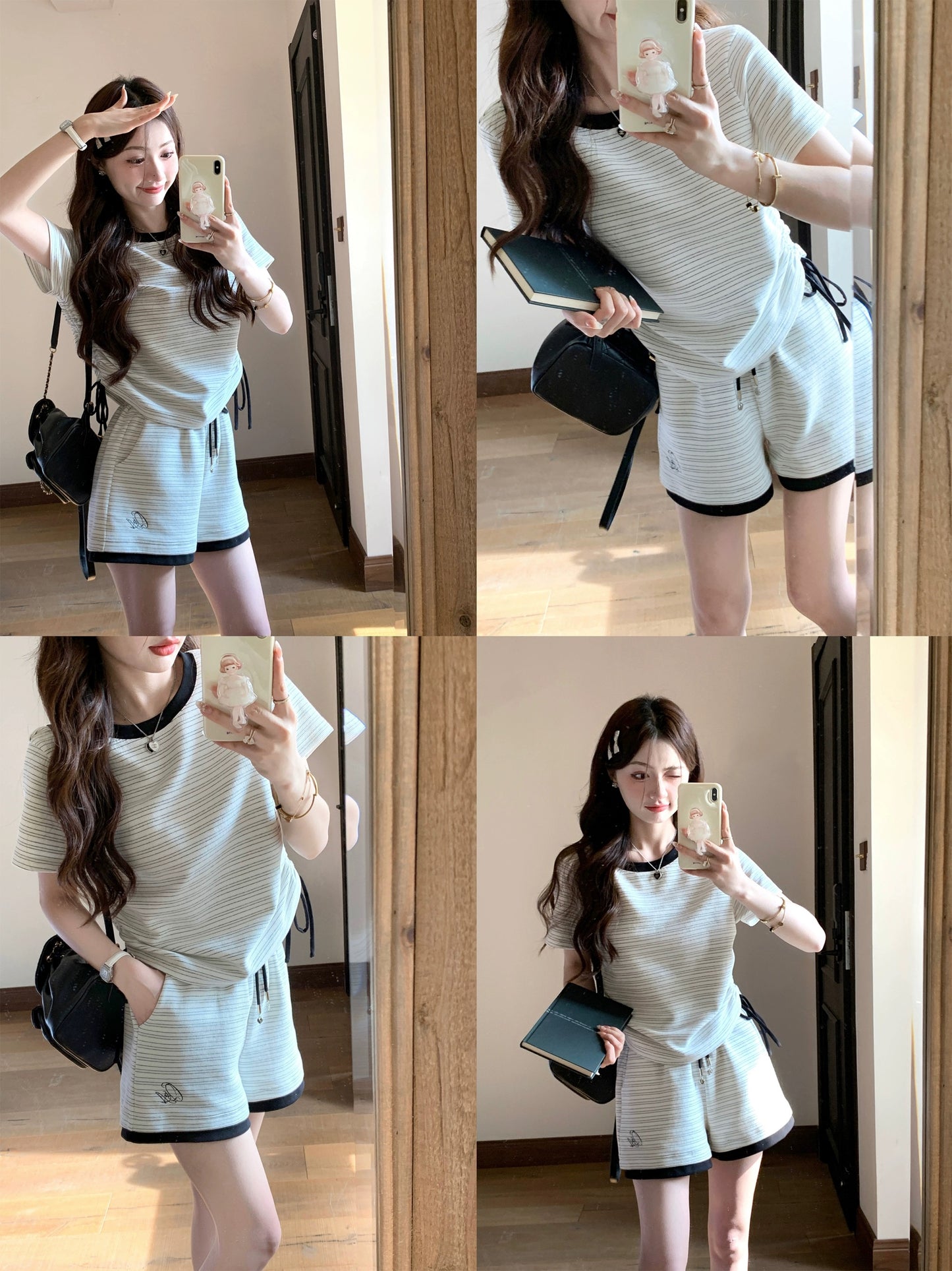 Q Women's Home effortless suit/casual suit for women summer striped college knitted top and shorts two-piece set