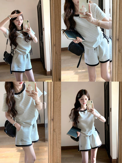Q Women's Home effortless suit/casual suit for women summer striped college knitted top and shorts two-piece set