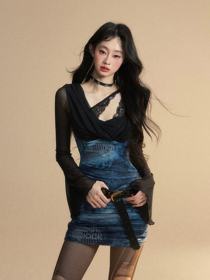Shao Ye Yan Lian Xia Coastline Fake Two-piece Lace Sexy Dress Women's Summer Waist Slimming Hip Skirt Short Skirt