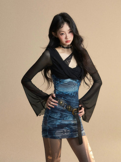 Shao Ye Yan Lian Xia Coastline Fake Two-piece Lace Sexy Dress Women's Summer Waist Slimming Hip Skirt Short Skirt