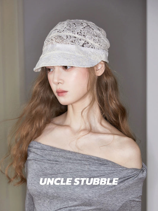 Unique and niche design beanie, thin lace headscarf for summer, super cute white short-brimmed baseball cap, 2026.