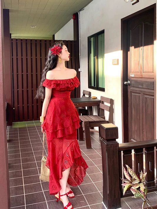Lujin homemade "Flamenco" full embroidery neckline two-wear design girl square collar retro red dress