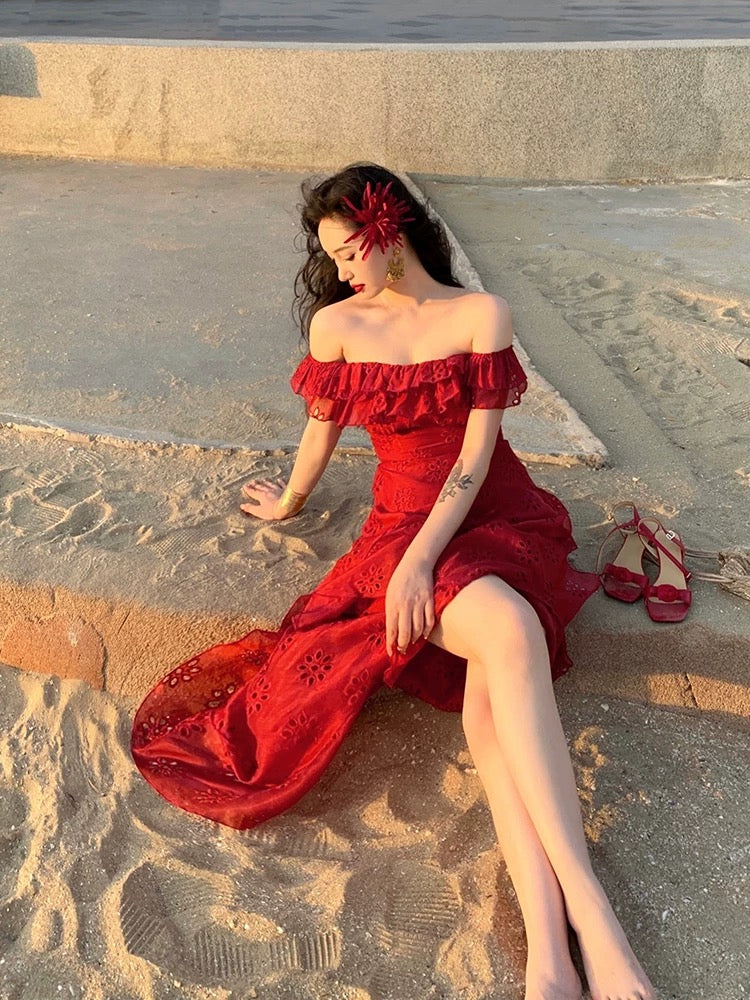 Lujin homemade "Flamenco" full embroidery neckline two-wear design girl square collar retro red dress
