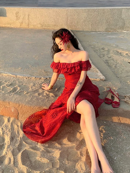 Lujin homemade "Flamenco" full embroidery neckline two-wear design girl square collar retro red dress