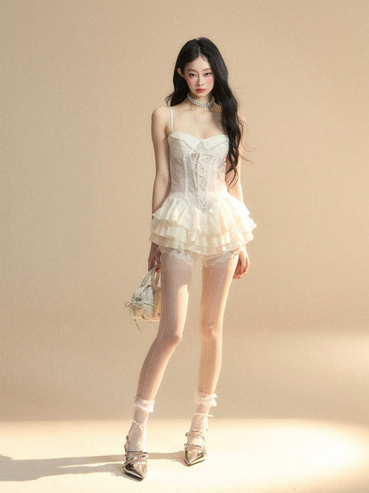 Anna Sui one-shoulder high-grade lace suspender dress for women in summer with waisted puffy skirt