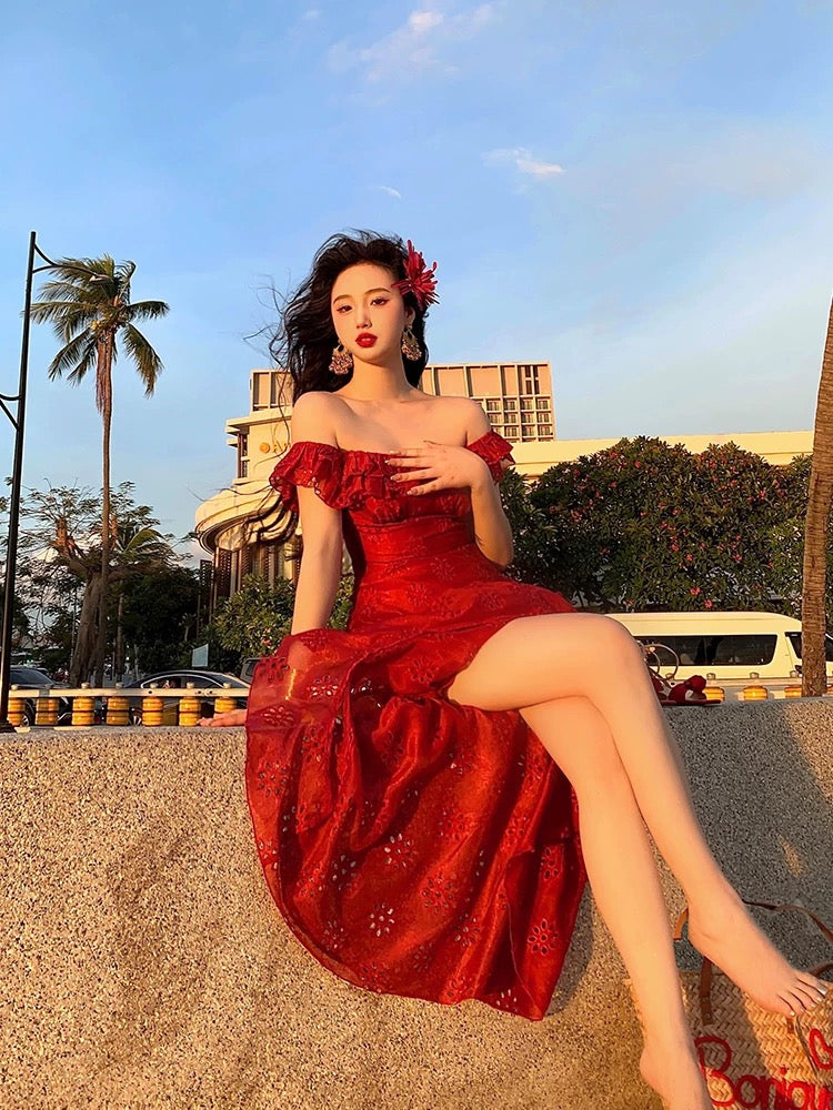 Lujin homemade "Flamenco" full embroidery neckline two-wear design girl square collar retro red dress