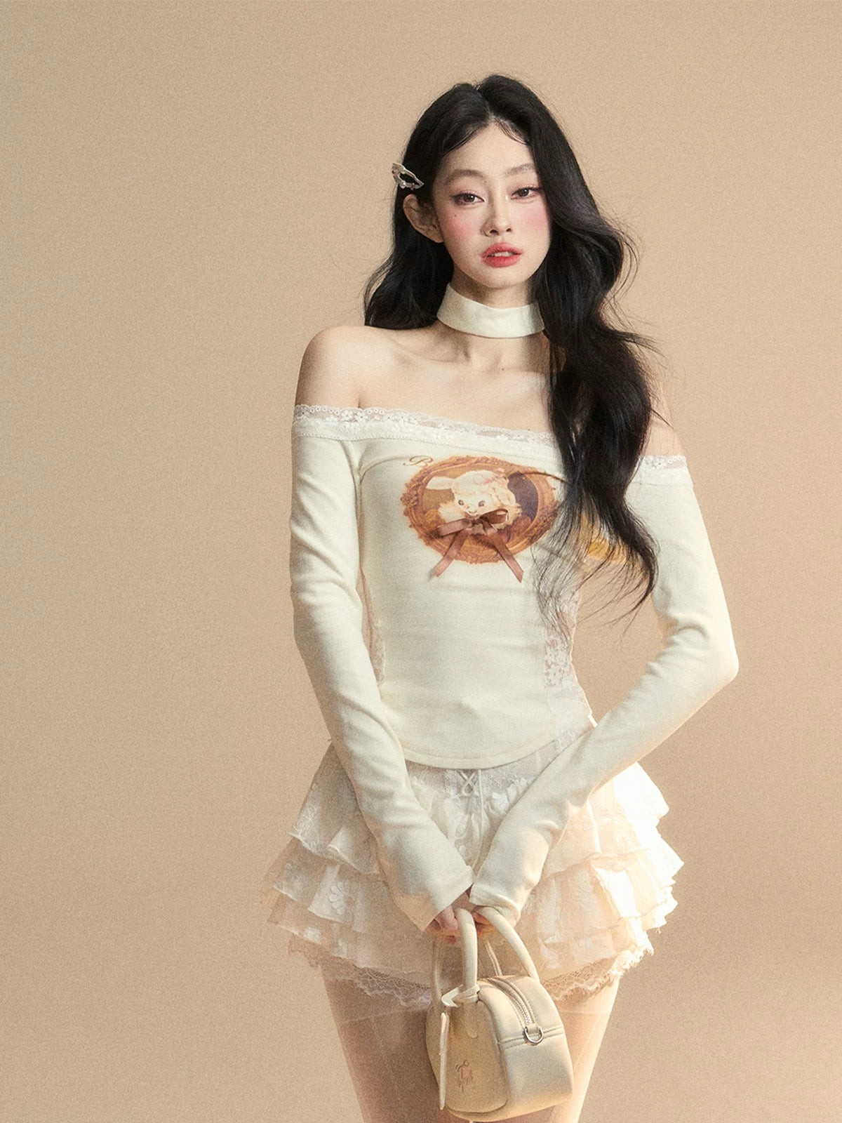 Shao Ye Yan Coconut Milk Fragrance One-shoulder Slightly Transparent Lace Knitted T-shirt Women's Spring Long Sleeve Waist Slimming Hot Girl Top