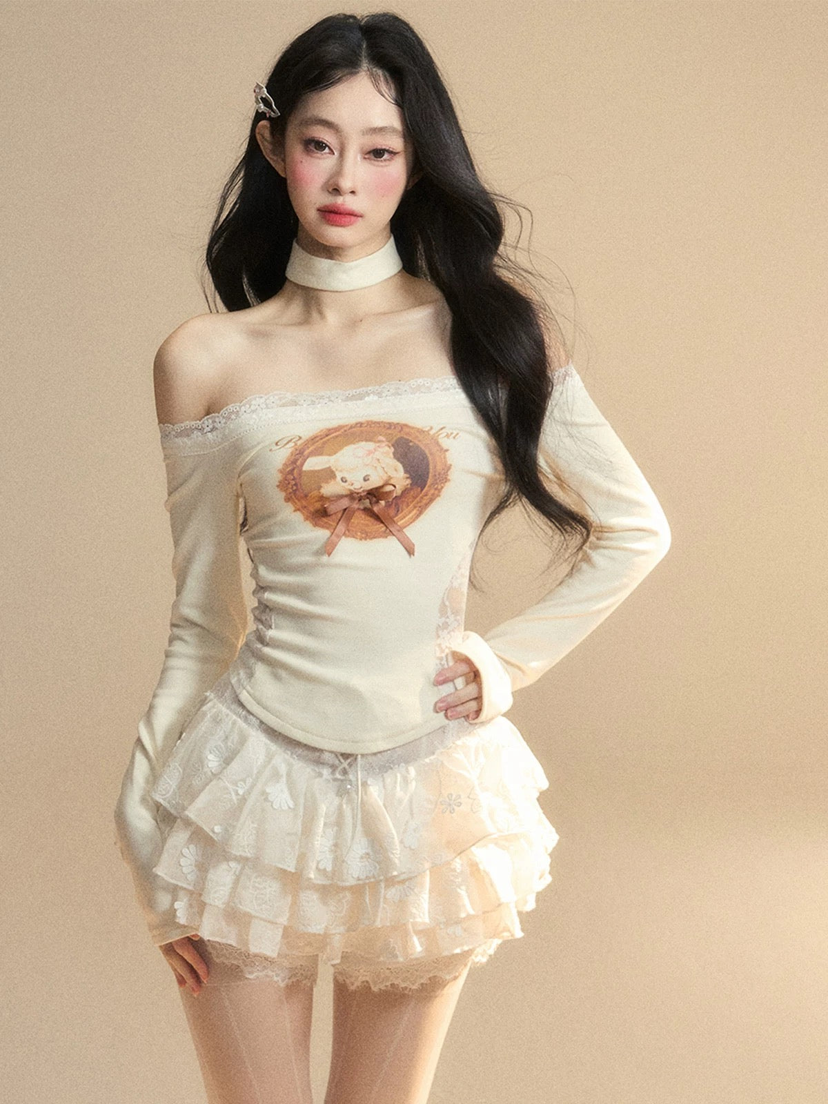 Shao Ye Yan Coconut Milk Fragrance One-shoulder Slightly Transparent Lace Knitted T-shirt Women's Spring Long Sleeve Waist Slimming Hot Girl Top