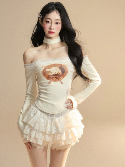 Shao Ye Yan Coconut Milk Fragrance One-shoulder Slightly Transparent Lace Knitted T-shirt Women's Spring Long Sleeve Waist Slimming Hot Girl Top