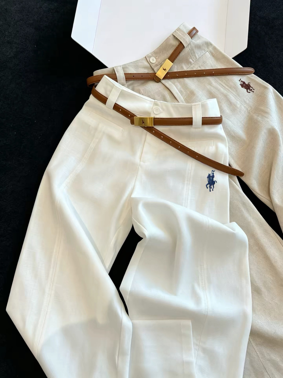 Women's High-Waisted White Linen Wide-Leg Trousers – "Old Money" Style with Small Horse Embroidery; Slimming, Loose, Straight-Leg Casual Summer Pants