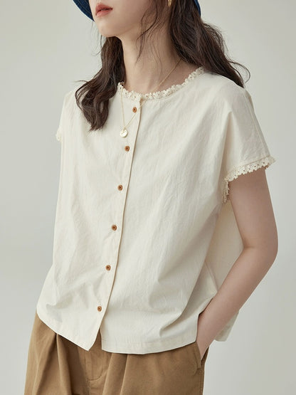 "Beijima AMUU" French retro girl's round neck slim shirt with earrings, summer design simple top