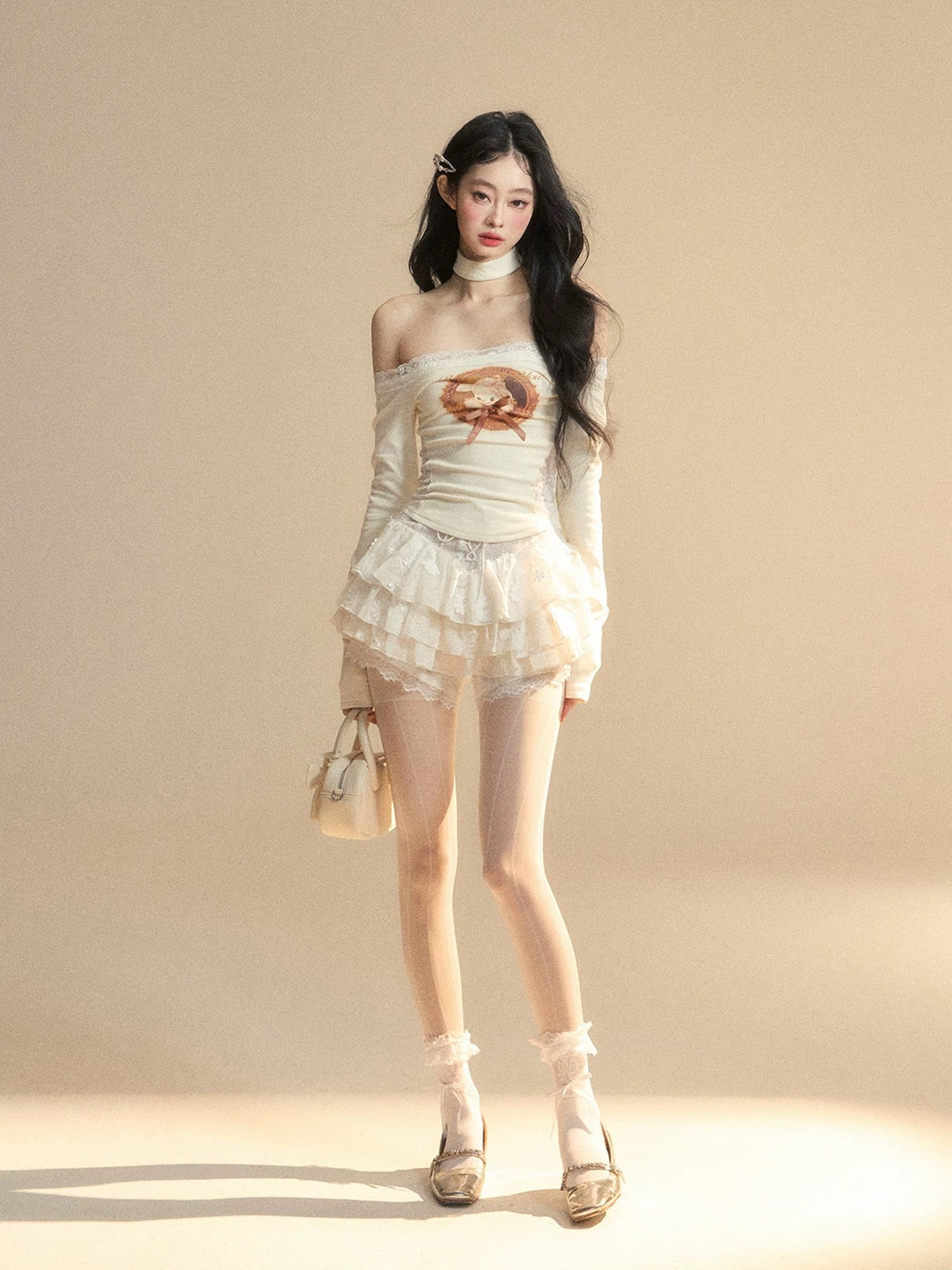 Shao Ye Yan Coconut Milk Fragrance One-shoulder Slightly Transparent Lace Knitted T-shirt Women's Spring Long Sleeve Waist Slimming Hot Girl Top
