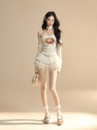 Shao Ye Yan Coconut Milk Fragrance One-shoulder Slightly Transparent Lace Knitted T-shirt Women's Spring Long Sleeve Waist Slimming Hot Girl Top