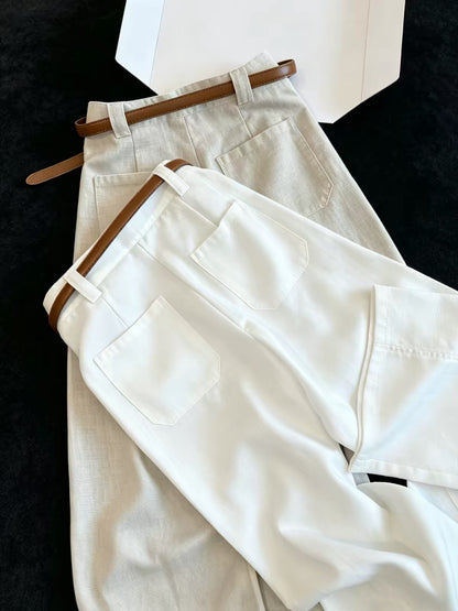Women's High-Waisted White Linen Wide-Leg Trousers – "Old Money" Style with Small Horse Embroidery; Slimming, Loose, Straight-Leg Casual Summer Pants