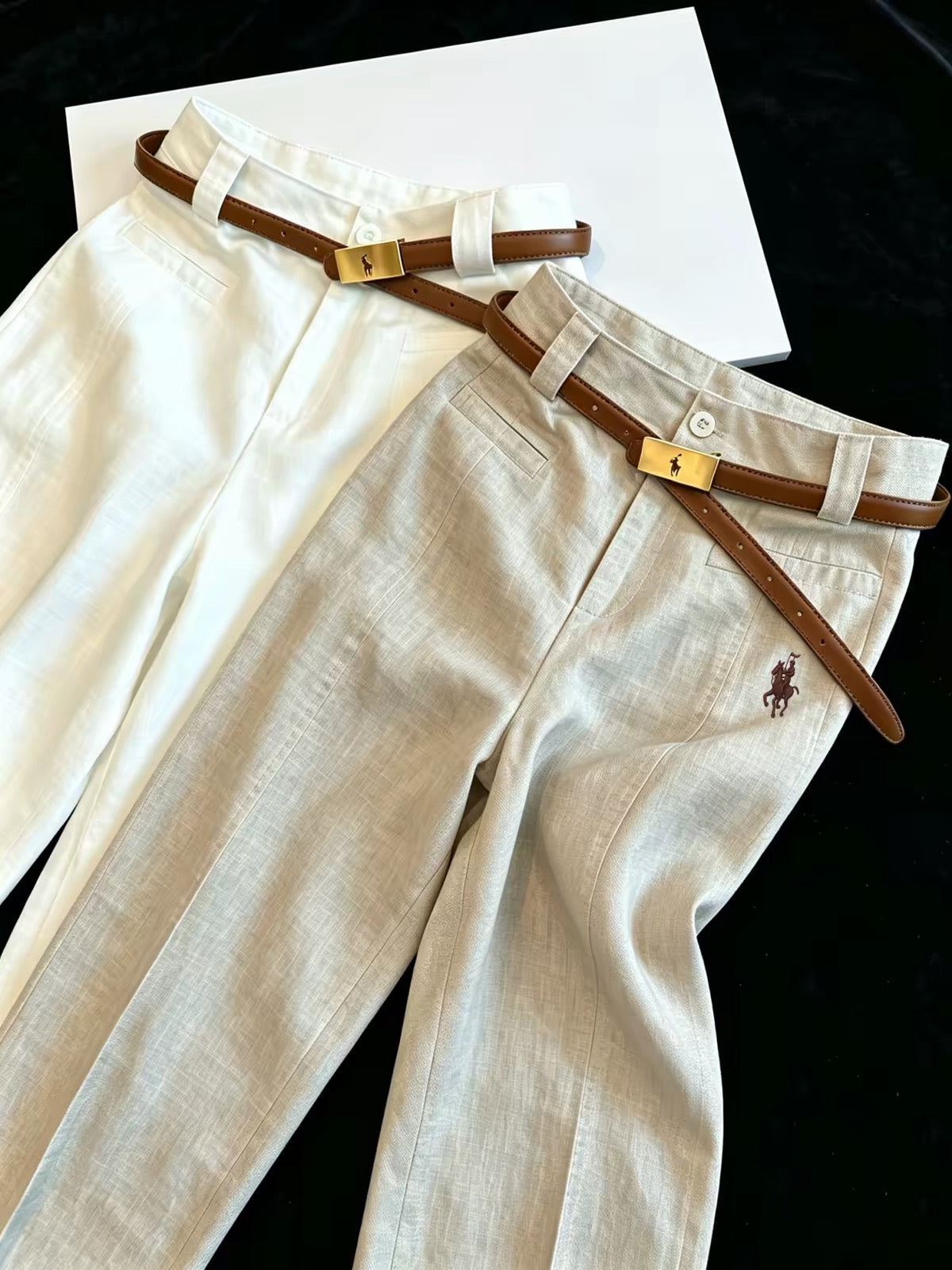 Women's High-Waisted White Linen Wide-Leg Trousers – "Old Money" Style with Small Horse Embroidery; Slimming, Loose, Straight-Leg Casual Summer Pants