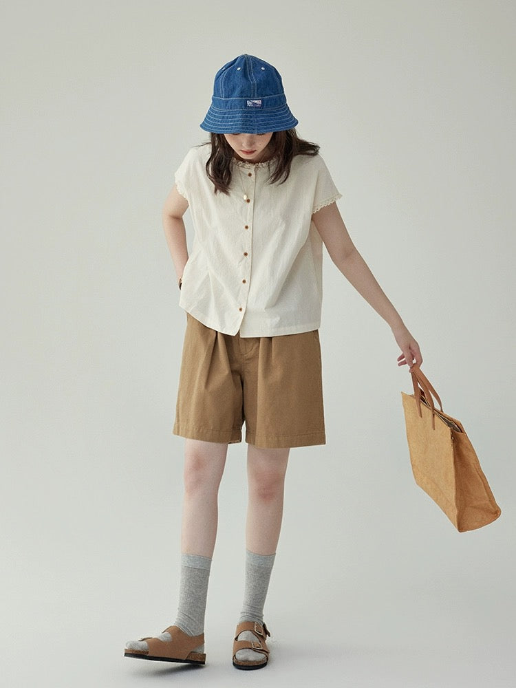 "Beijima AMUU" French retro girl's round neck slim shirt with earrings, summer design simple top